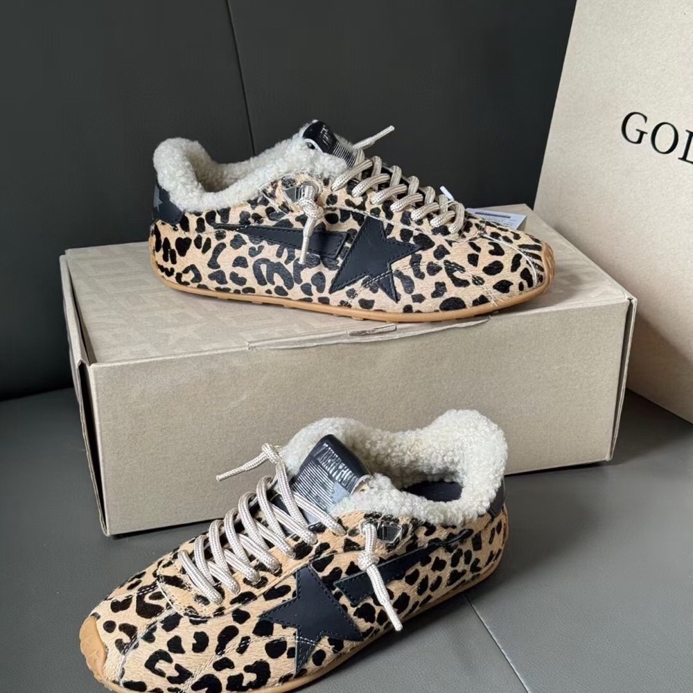 Golden Goose Tan Leopard Sneakers with Black Star